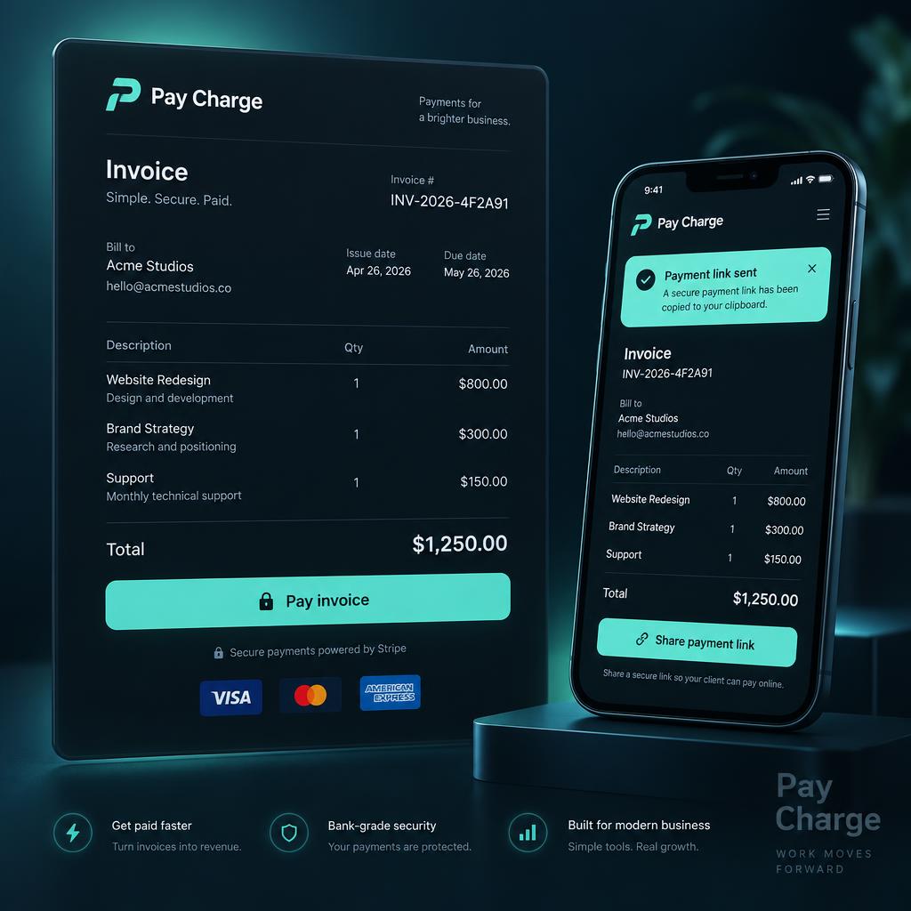 Pay Charge invoice with a shareable payment link on desktop and mobile