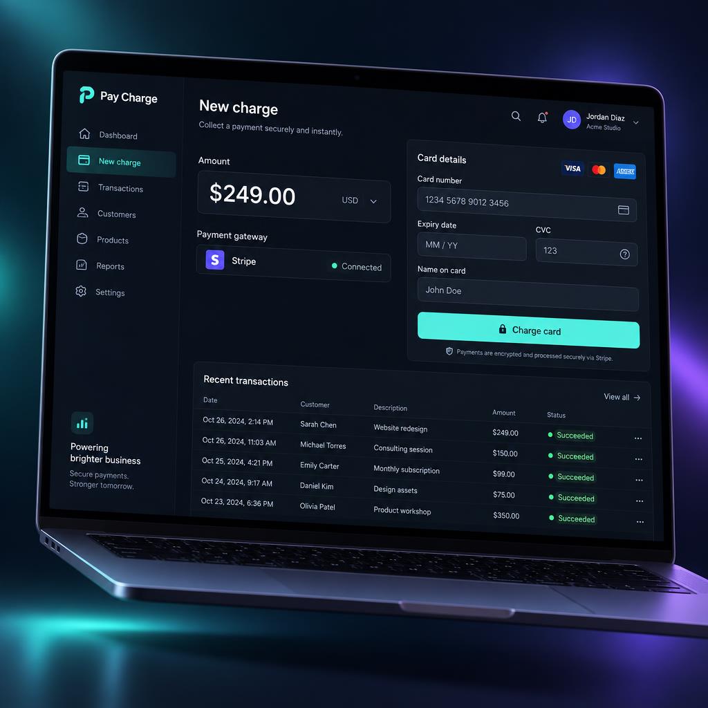 PayCharge manual charging station with amount entry, gateway picker and hosted card fields